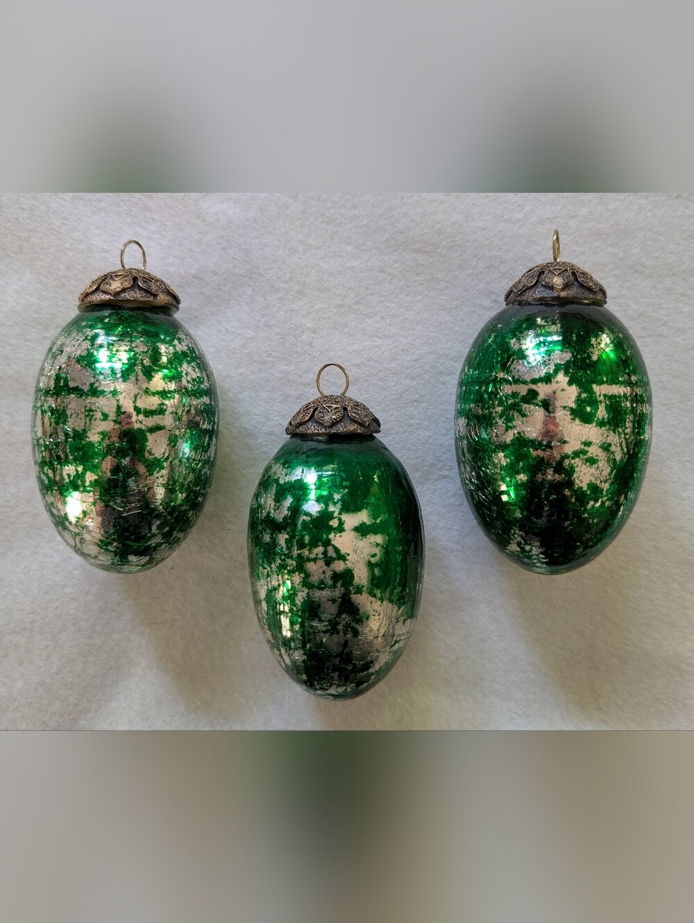 Vintage Kugel Style Glass Silver/Green Crackle Egg Ornaments - Set Of 3